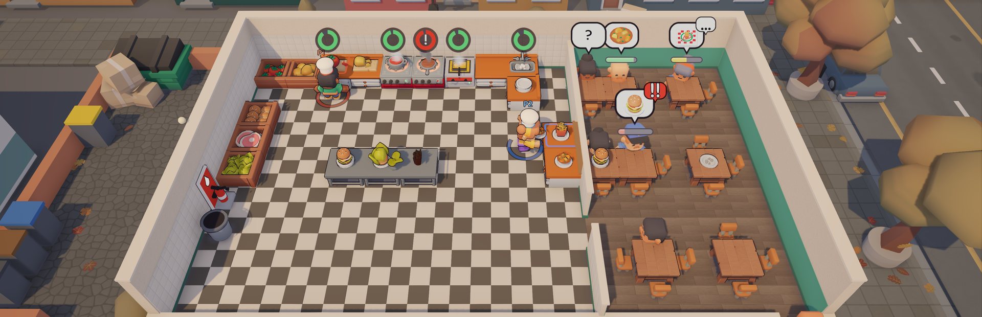 Wide in-game panorama of the restaurant: kitchen, dining room and the street outside.