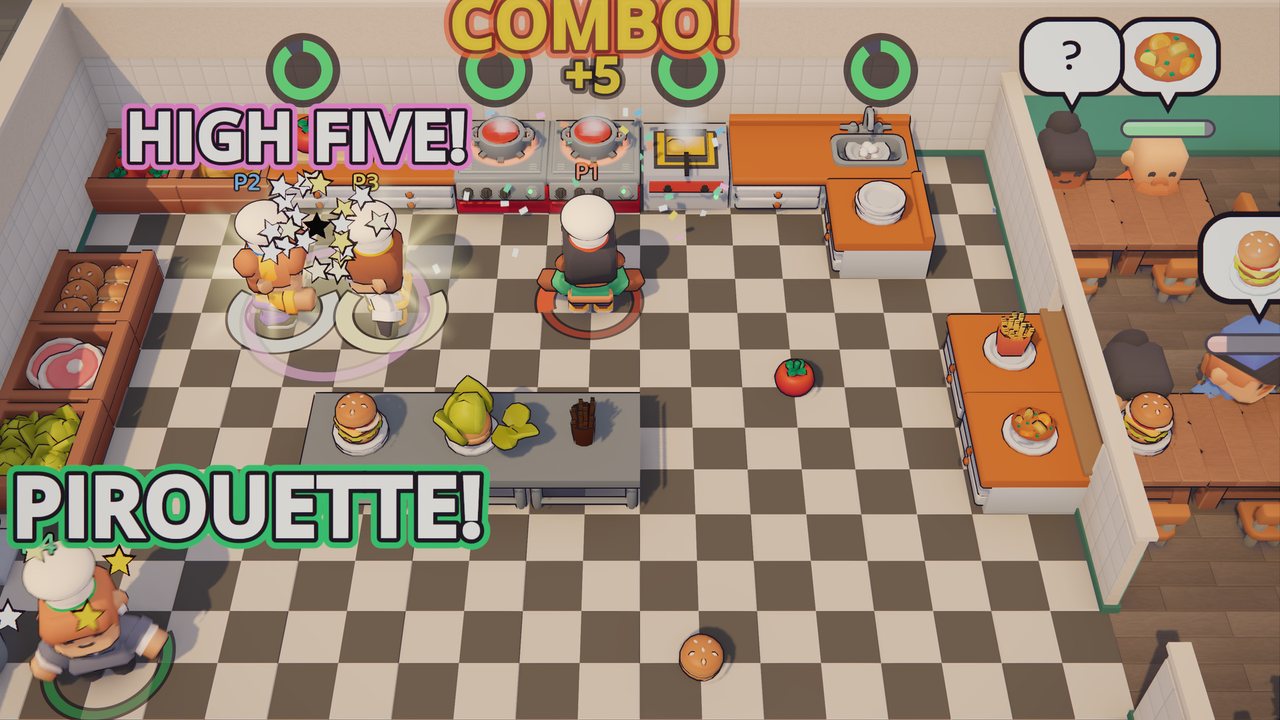 In-game screenshot: chefs in a low-poly kitchen mid-combo, used as the trailer poster.