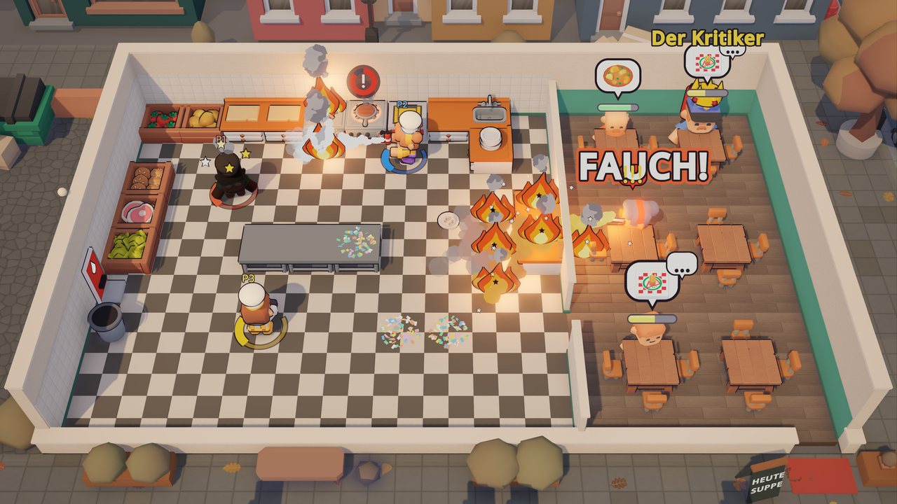 A burning stove in the kitchen while the critic, notebook in hand, watches from his table.