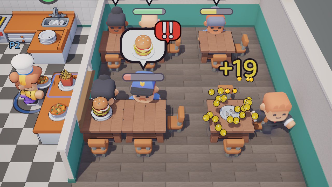 Dining room with served guests; coin icons float above the tables as they leave tips.
