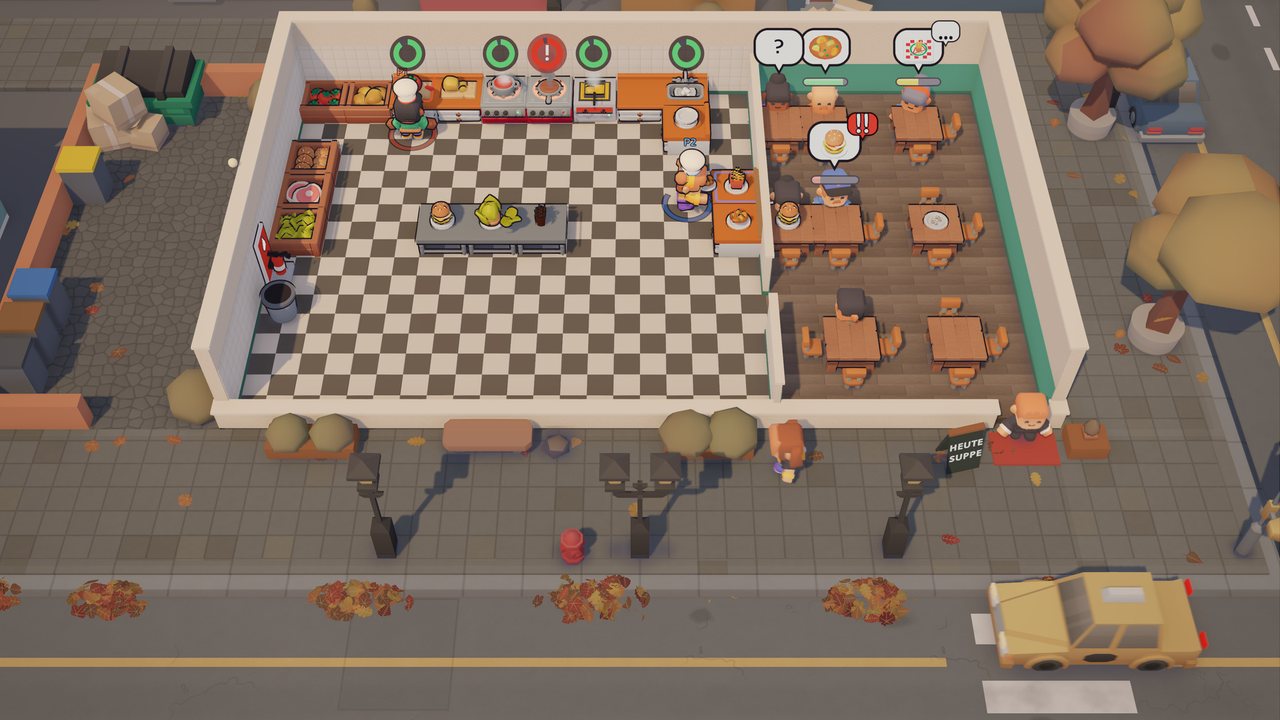 The restaurant from the street in autumn, orange trees and guests walking up to the door.