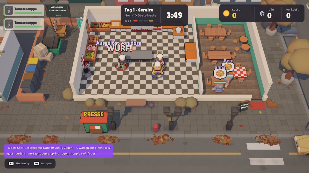 Gameplay with chat overlay: the viewer “dora” triggers a throw and a chef hurls an ingredient.